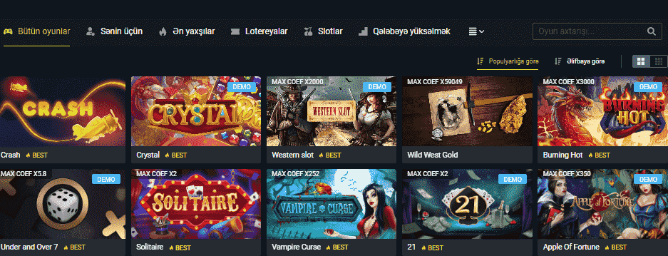 1xbet bonus hesabı – 1xBet kazinosunda oyunların seçimi və bonus hesabından istifadə üçün oyun vitrininin görüntüsü