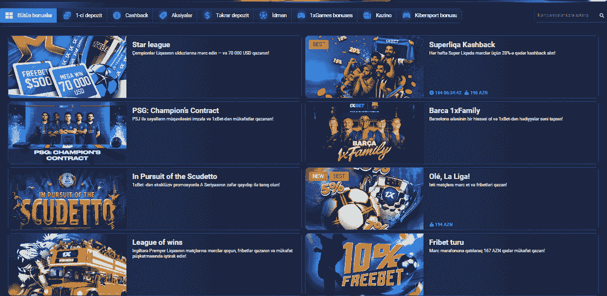 1xbet bonuslar – 1xBet platformasında aksiyalar və bonus kampaniyalarının nümayiş etdirildiyi əsas promo banner