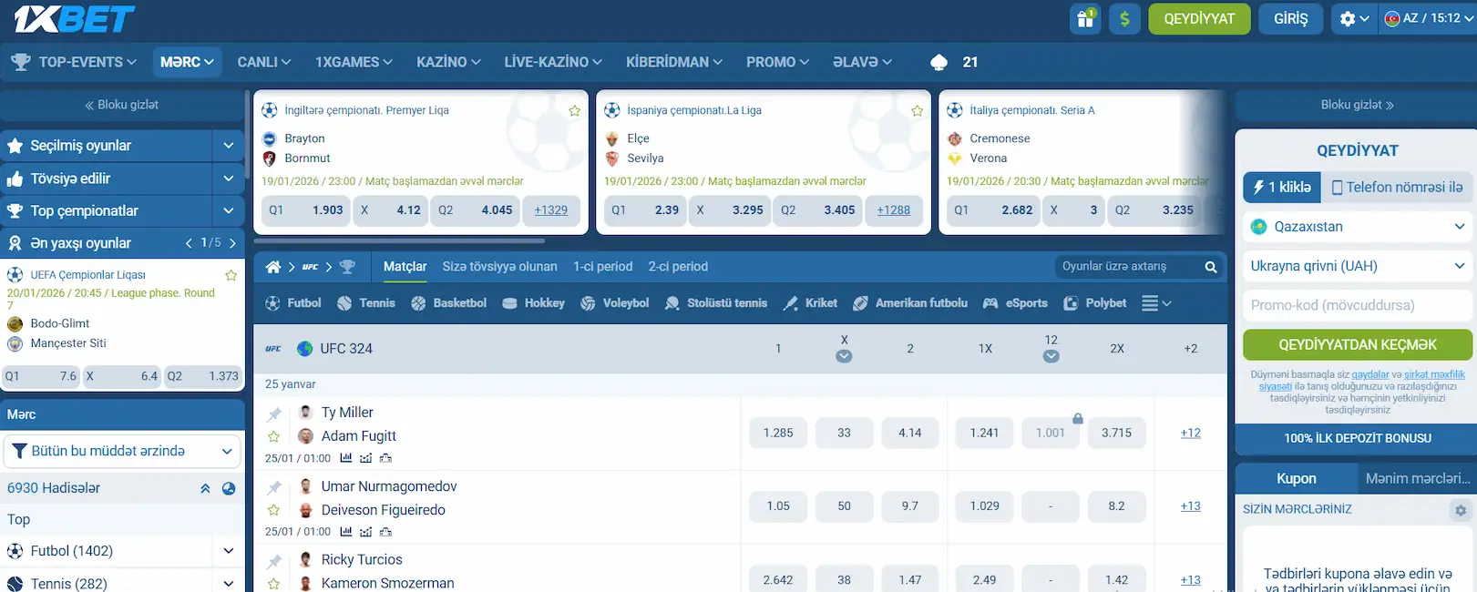 UFC xətti 1xBet-də – MƏRC → UFC → Matçlar bölməsində döyüşlər, əmsallar, +N bazarları və Kupon interfeysi ilə UFC mərcləri