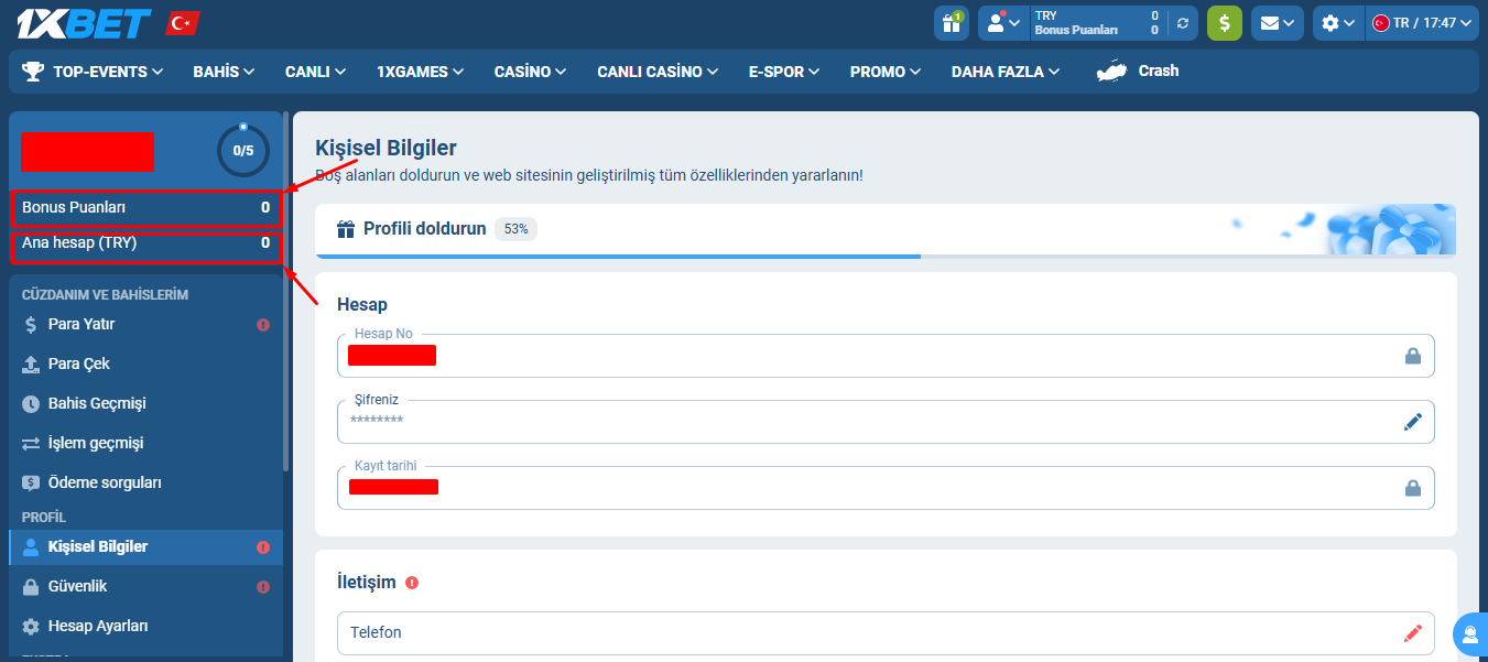 Hesap ekranında ana bakiye ve bonus hesabı bakiye bilgileri gösteriliyor