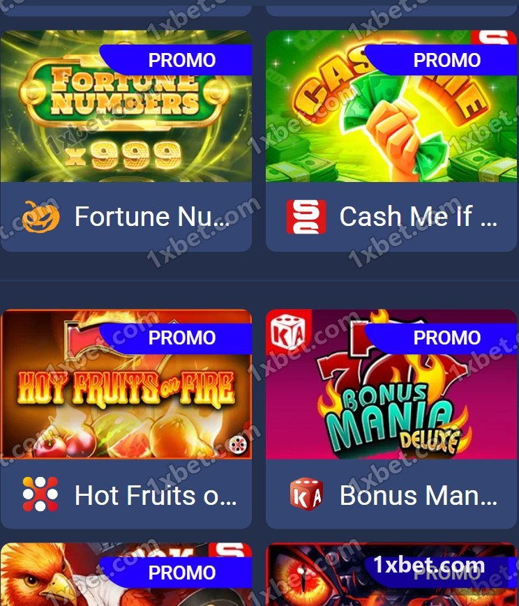 Best Games in Mauritania : cartes de slots et icônes des studios dans le lobby casino 1xBet